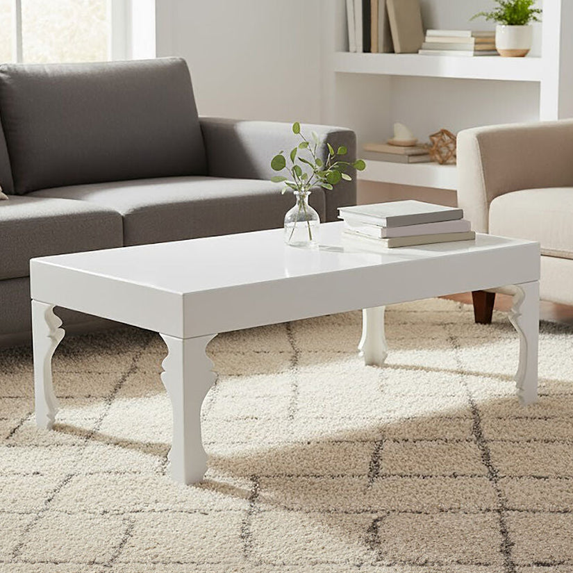 White High Gloss Wooden Coffee Table With Stately Shaped Legs, Luis