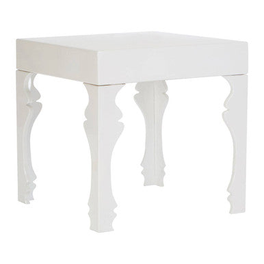 White High Gloss Side Table With Decorative Shaped Curved Legs, Luis