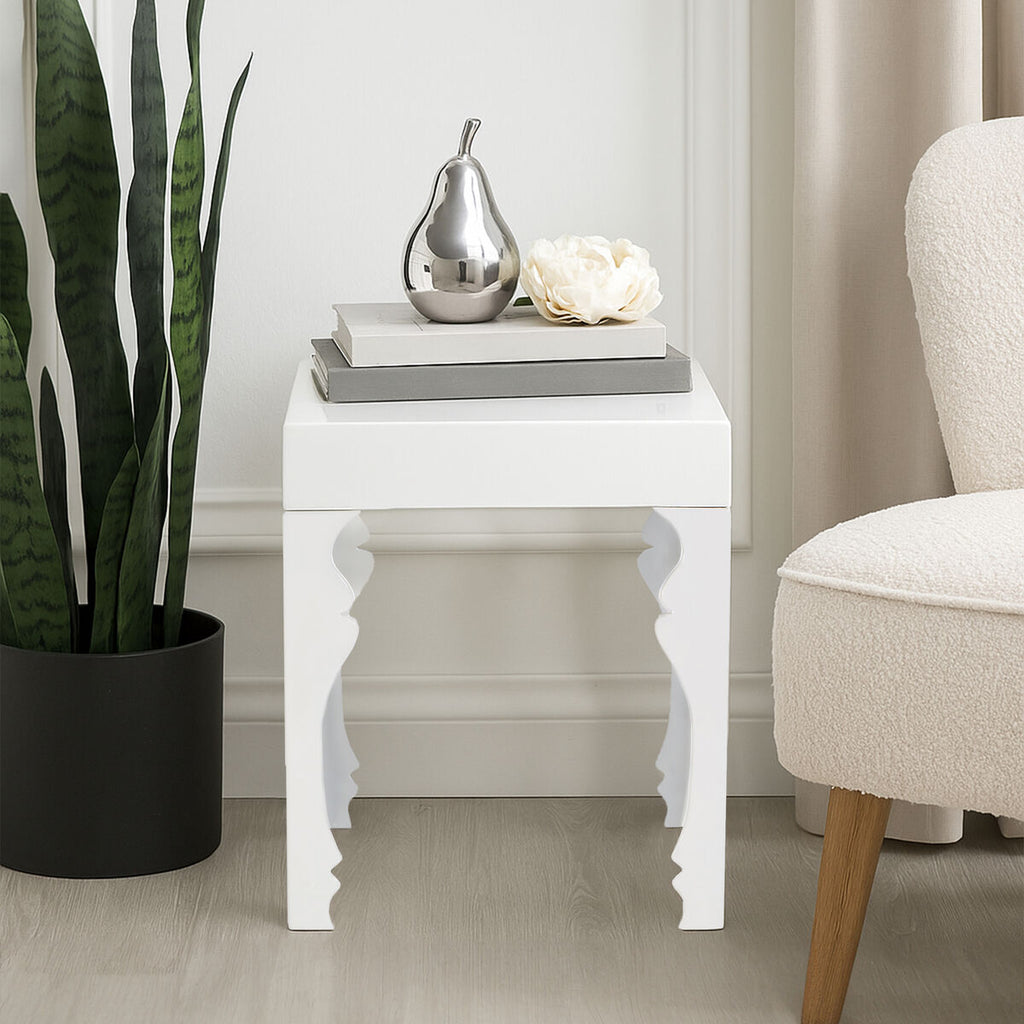 White High Gloss Side Table With Decorative Shaped Curved Legs, Luis