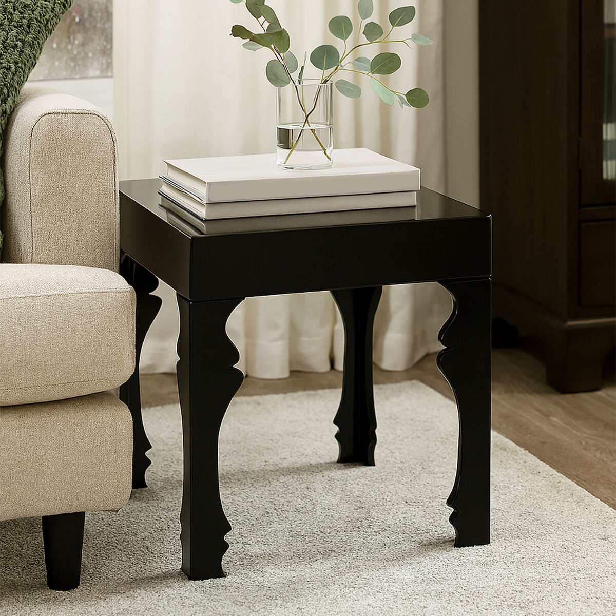 Black High Gloss Side Table With Decorative Shaped Curved Legs, Luis