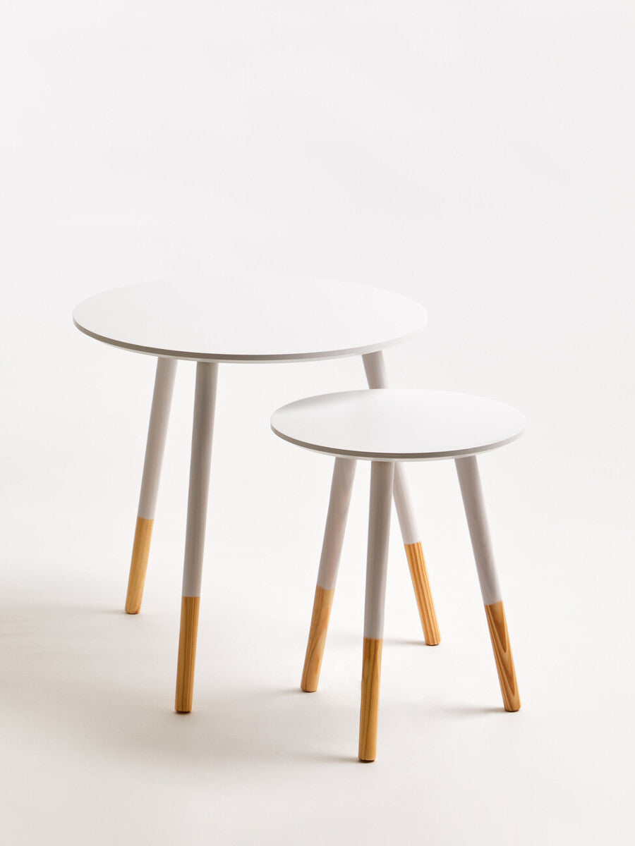 Set Of 2 White Bamboo Round Nesting Side Tables With Natural Wood Legs, Viborg