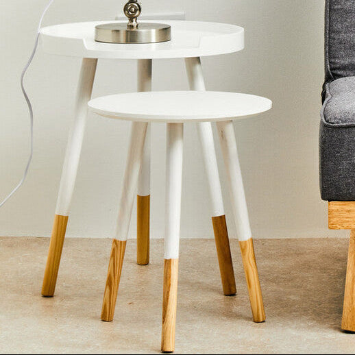 Set Of 2 White Bamboo Round Nesting Side Tables With Natural Wood Legs, Viborg
