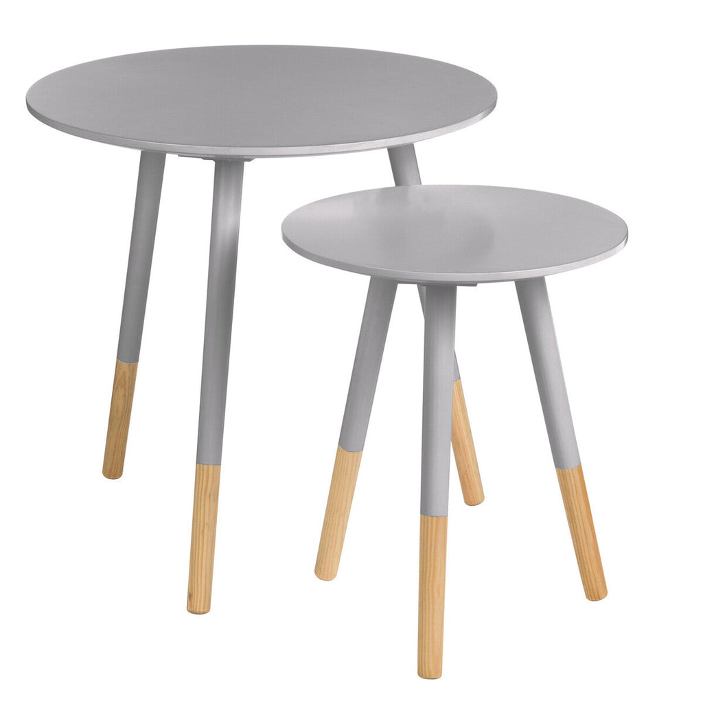 Set Of 2 Grey Bamboo Round Nesting Side Tables With Natural Wood Legs, Viborg
