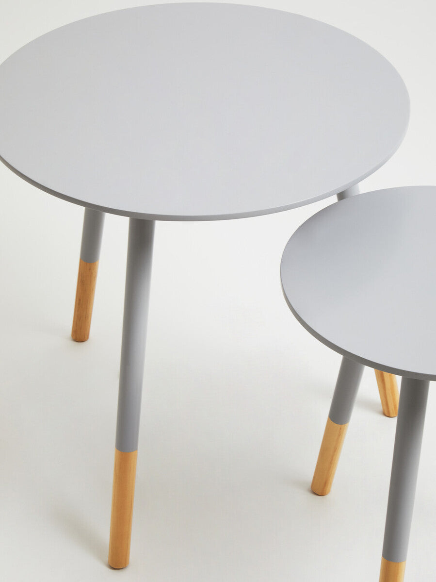 Set Of 2 Grey Bamboo Round Nesting Side Tables With Natural Wood Legs, Viborg
