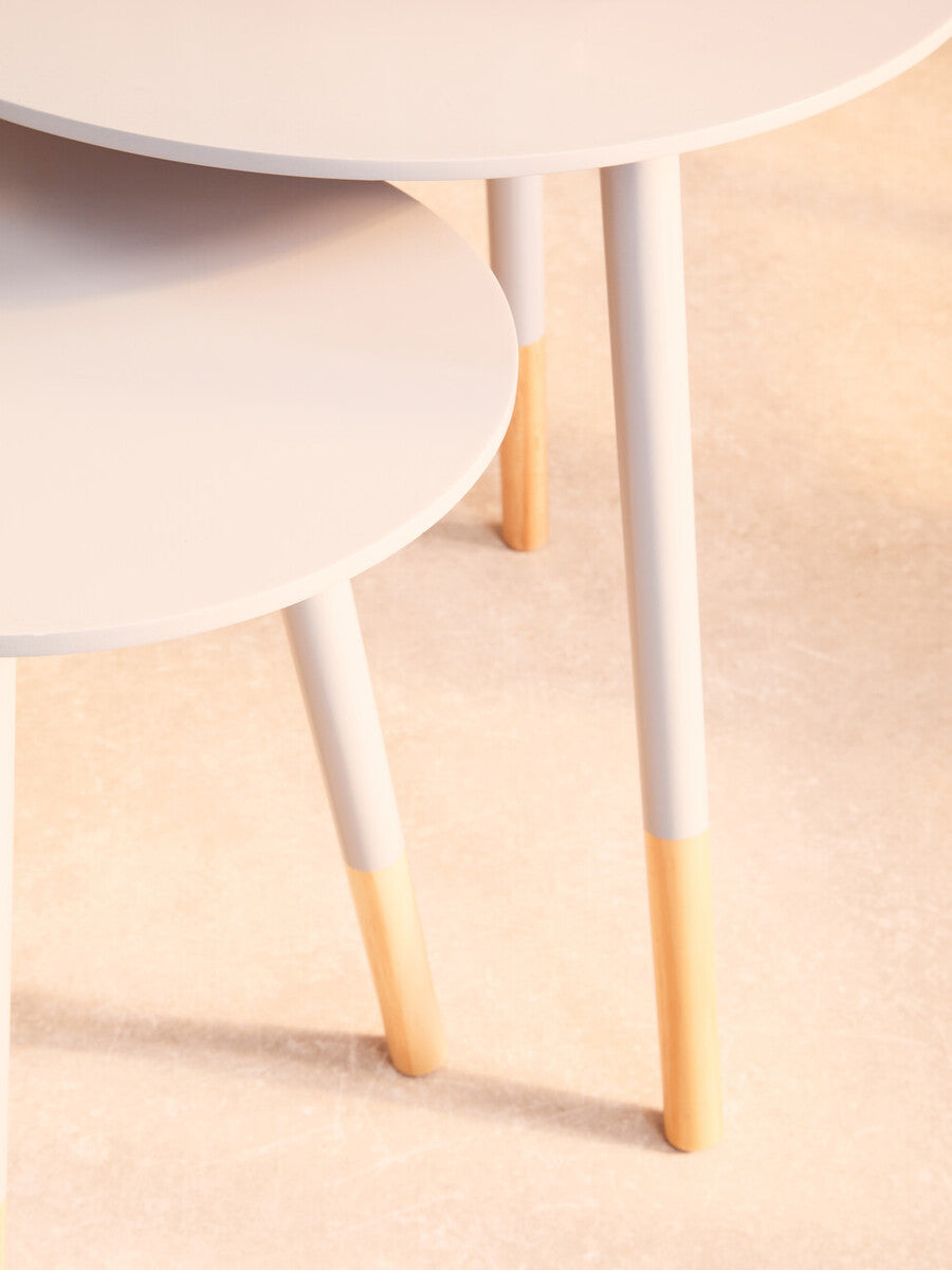 Set Of 2 Grey Bamboo Round Nesting Side Tables With Natural Wood Legs, Viborg