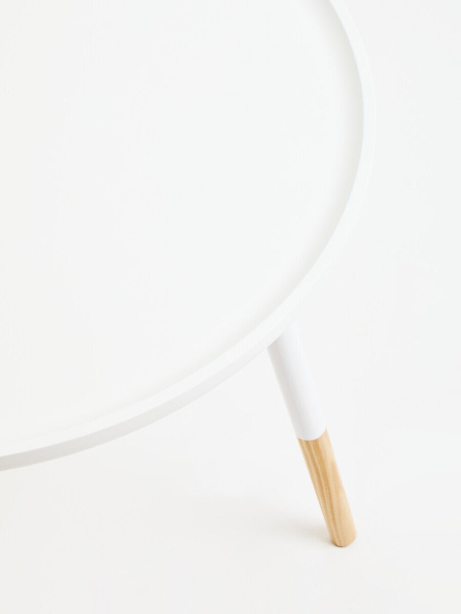 White Small Round Side Table With Natural Wood Feet, Viborg