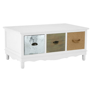White Beach House Style Coffee Table With Three Drawers & Mixed Handle Design, Weymouth