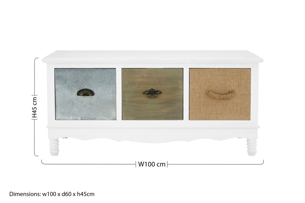 White Beach House Style Coffee Table With Three Drawers & Mixed Handle Design, Weymouth
