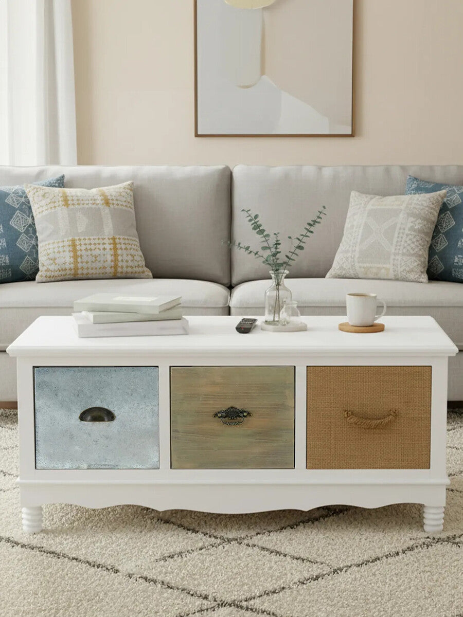 White Beach House Style Coffee Table With Three Drawers & Mixed Handle Design, Weymouth