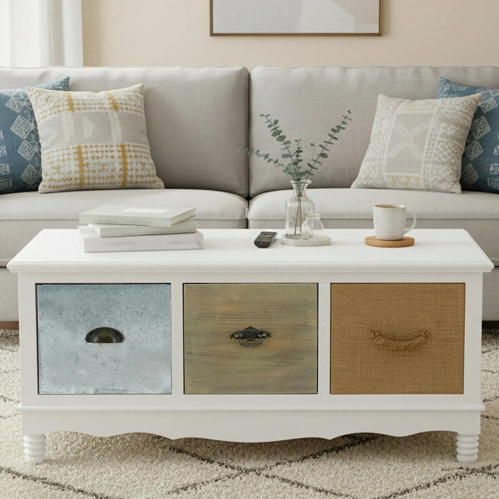 White Beach House Style Coffee Table With Three Drawers & Mixed Handle Design, Weymouth