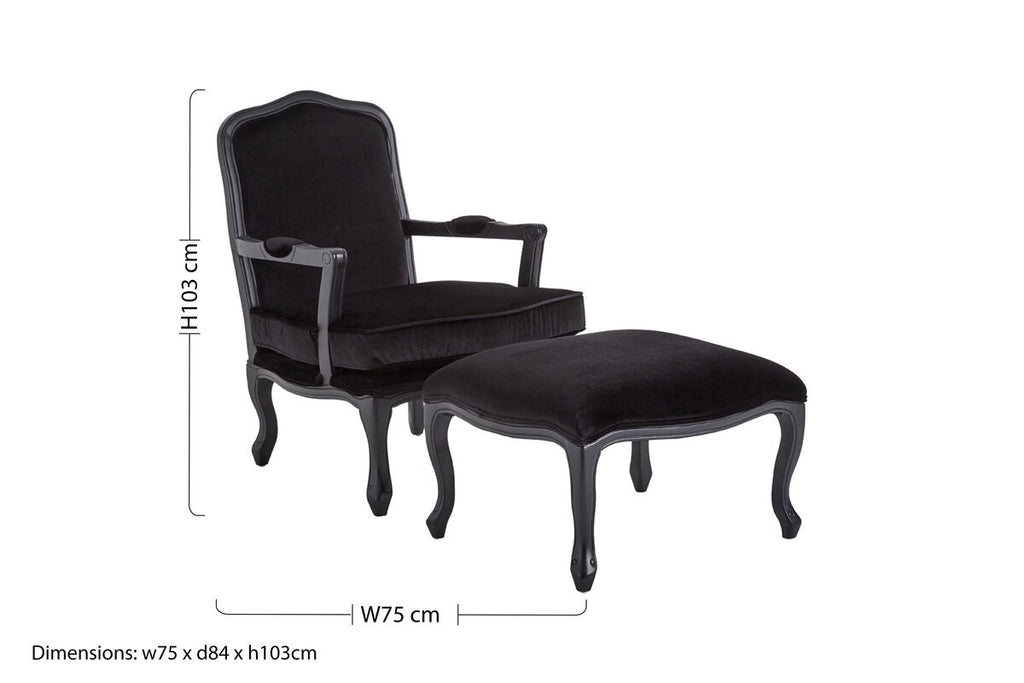 Rococo Black Shiny Velvet Chair & Footstool