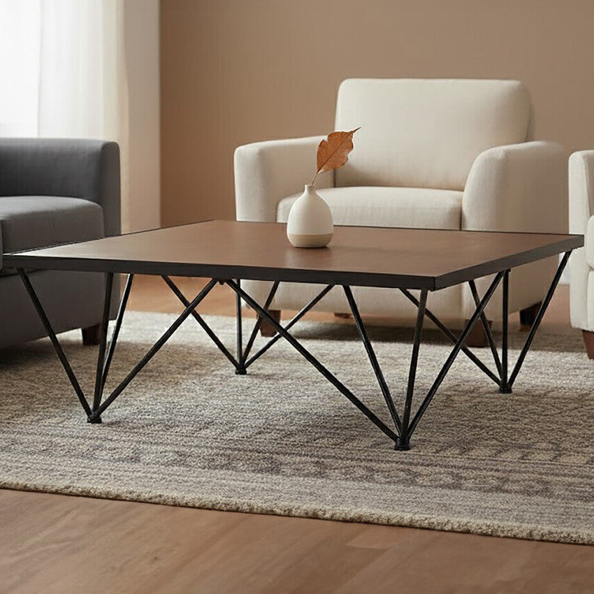 Brown Wood Top & Iron Base Square Coffee Table, New Foundry