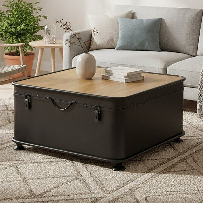 Black Wood & Iron Coffee Table With Hinged Top, New Foundry
