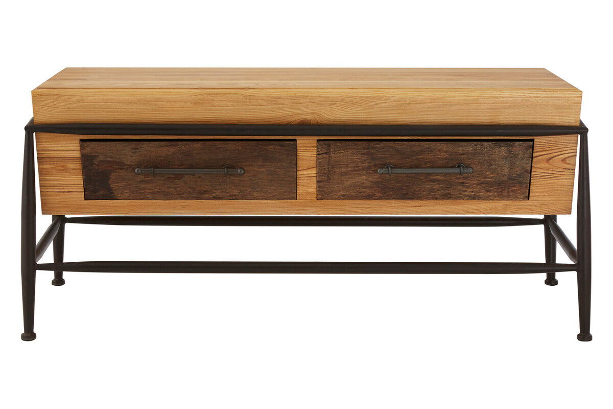 Natural & Brown Wooden Coffee Table With Metal Legs, New Foundry