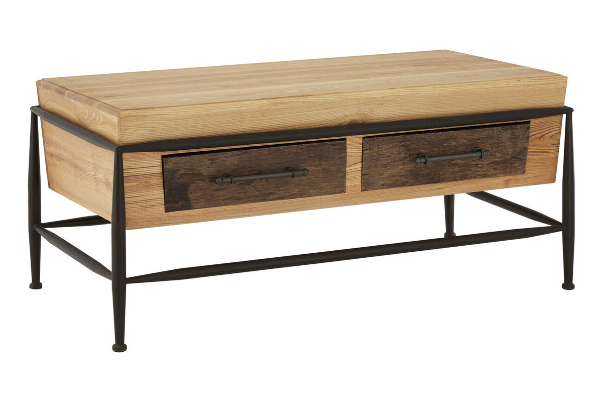 Natural & Brown Wooden Coffee Table With Metal Legs, New Foundry