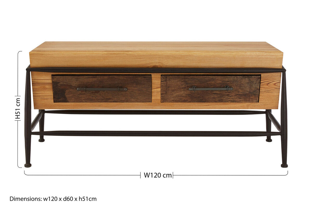 Natural & Brown Wooden Coffee Table With Metal Legs, New Foundry