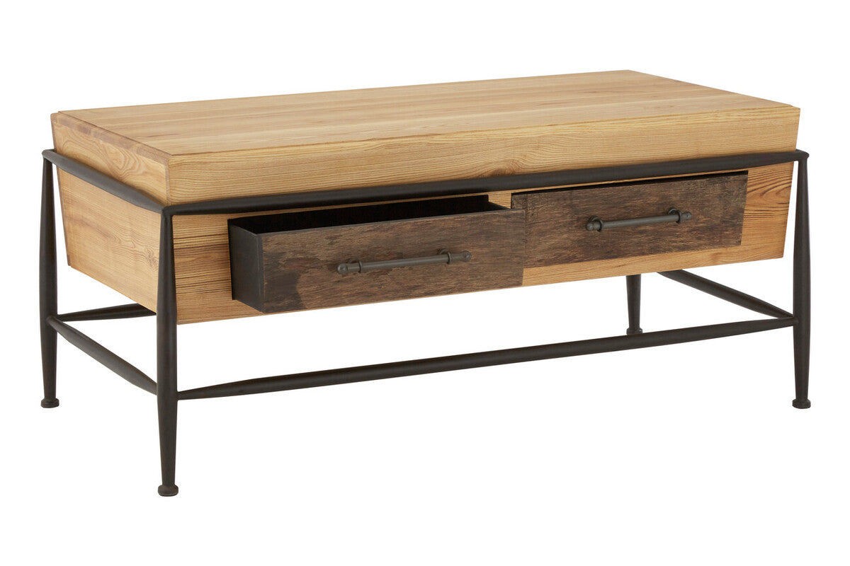 Natural & Brown Wooden Coffee Table With Metal Legs, New Foundry