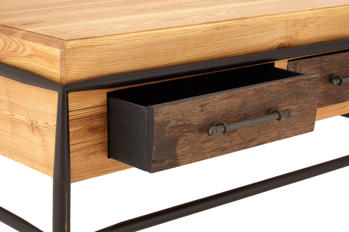 Natural & Brown Wooden Coffee Table With Metal Legs, New Foundry