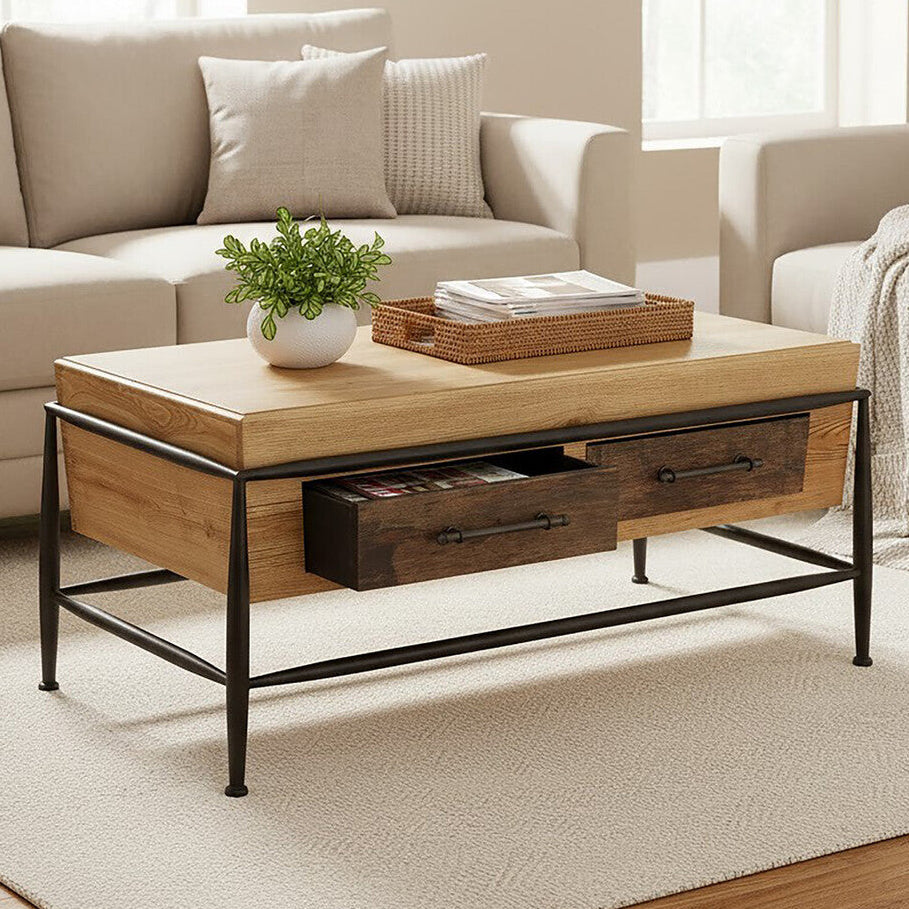Natural & Brown Wooden Coffee Table With Metal Legs, New Foundry
