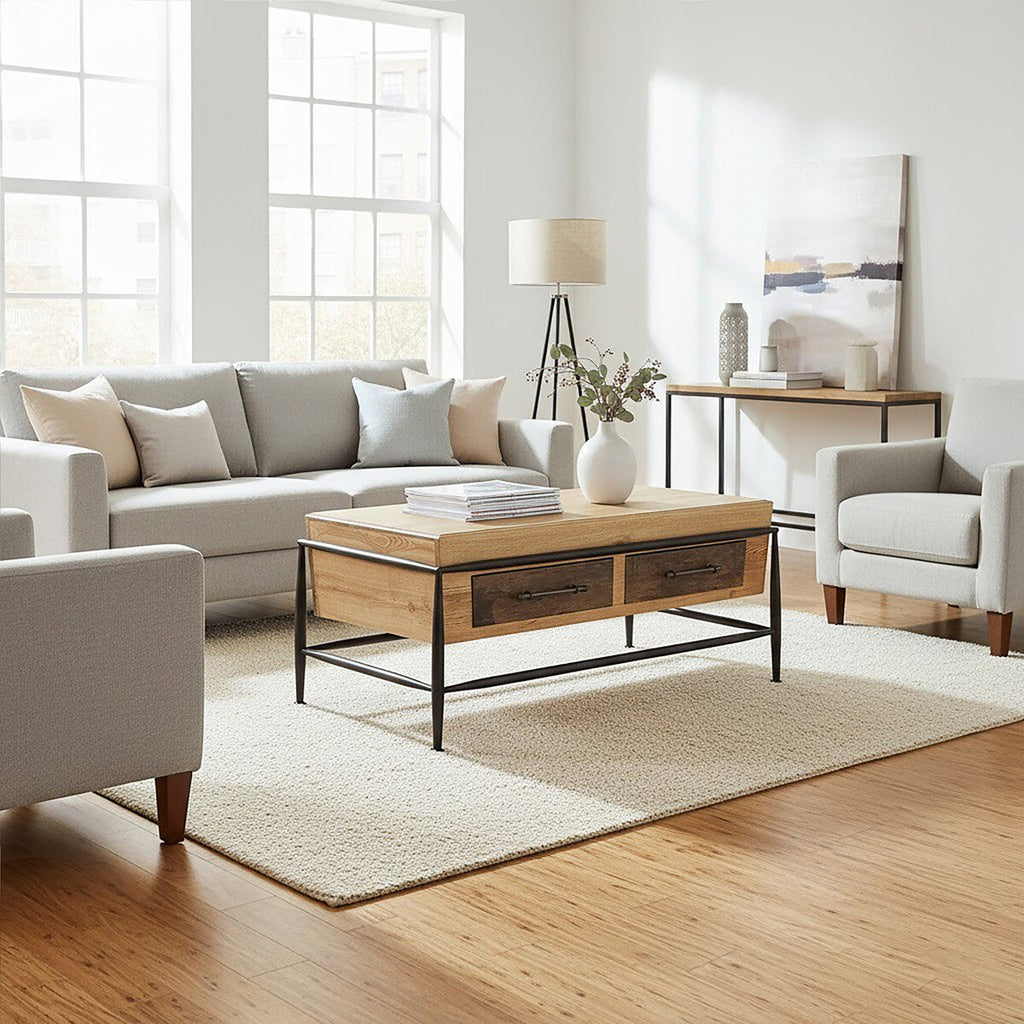 Natural & Brown Wooden Coffee Table With Metal Legs, New Foundry