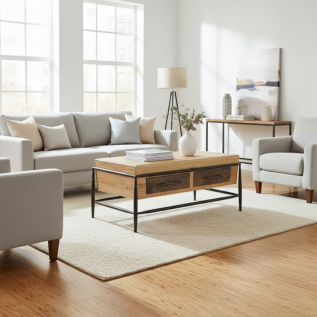 Natural & Brown Wooden Coffee Table With Metal Legs, New Foundry