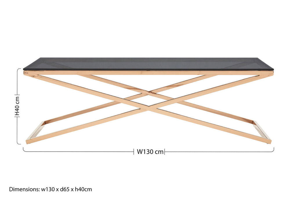 Black Glass Top & Gold Criss Cross Base Coffee Table, Montril