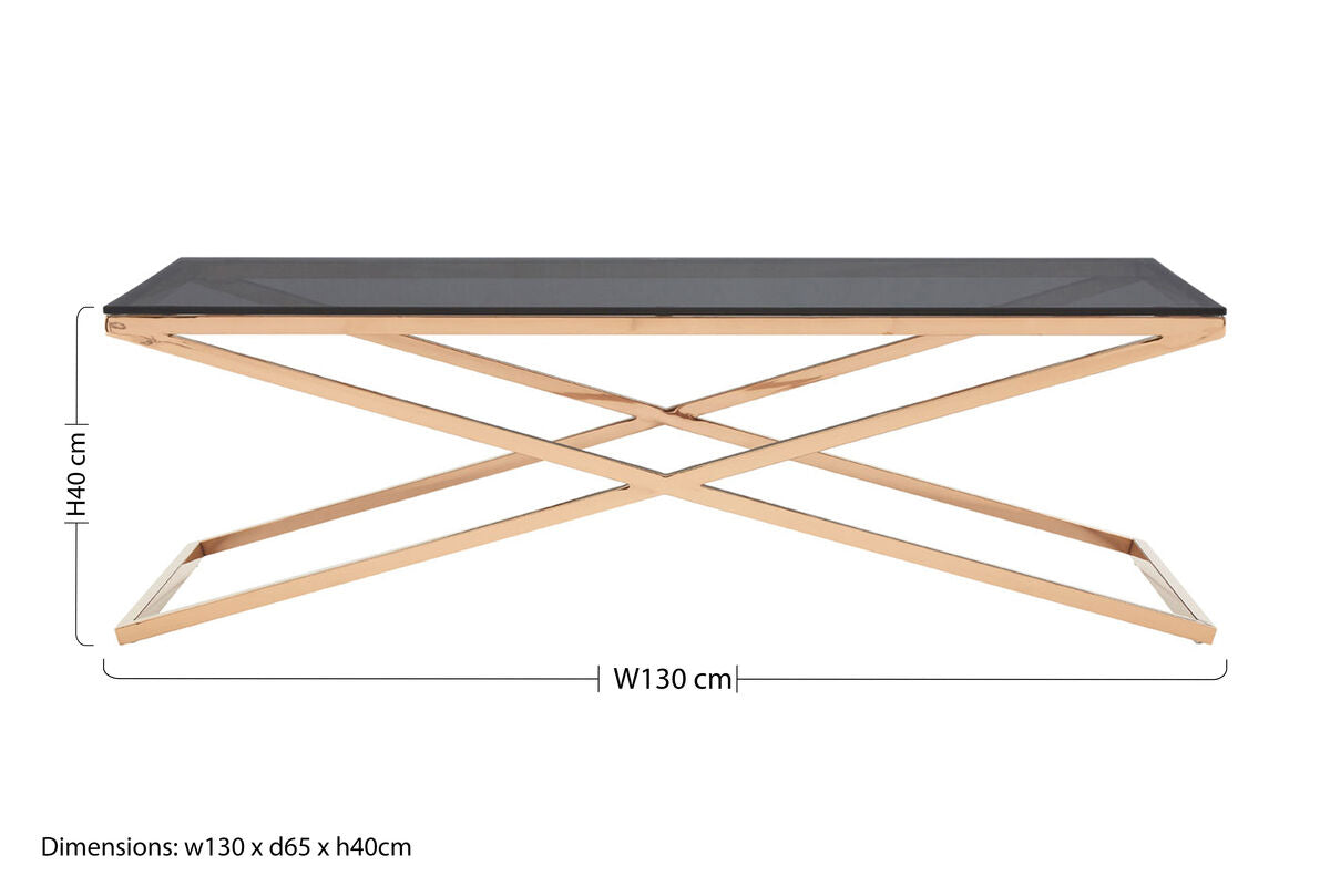 Black Glass Top & Gold Criss Cross Base Coffee Table, Montril