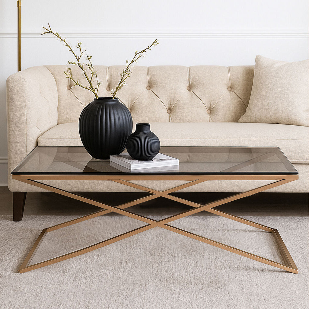Black Glass Top & Gold Criss Cross Base Coffee Table, Montril