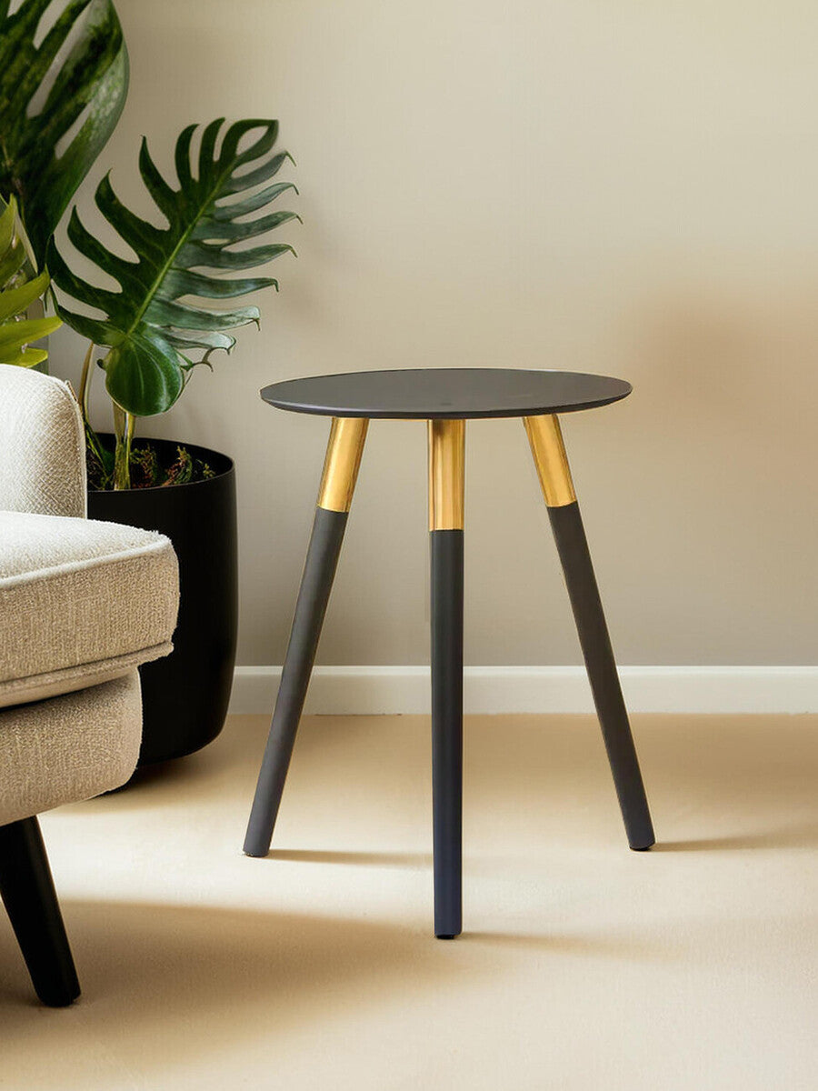 Black Oak Veneer Wooden Top Side Table With Gold Trim & Angled Legs, Nostra