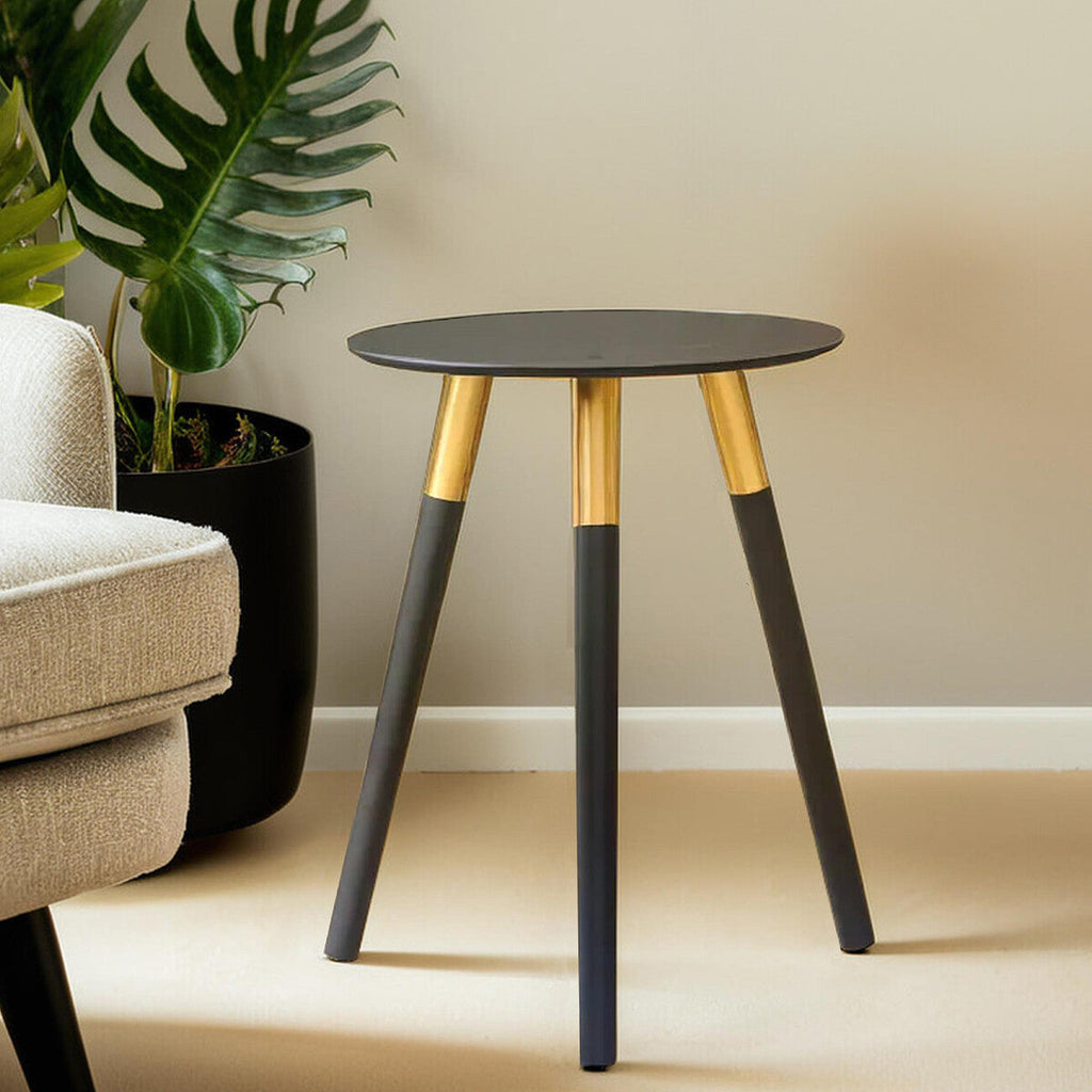 Black Oak Veneer Wooden Top Side Table With Gold Trim & Angled Legs, Nostra
