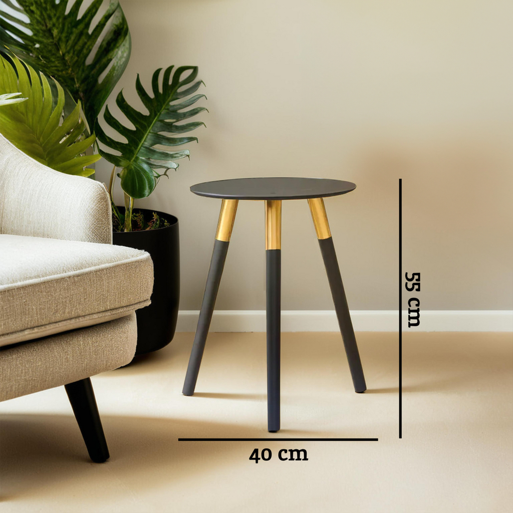 Black Oak Veneer Wooden Top Side Table With Gold Trim & Angled Legs, Nostra