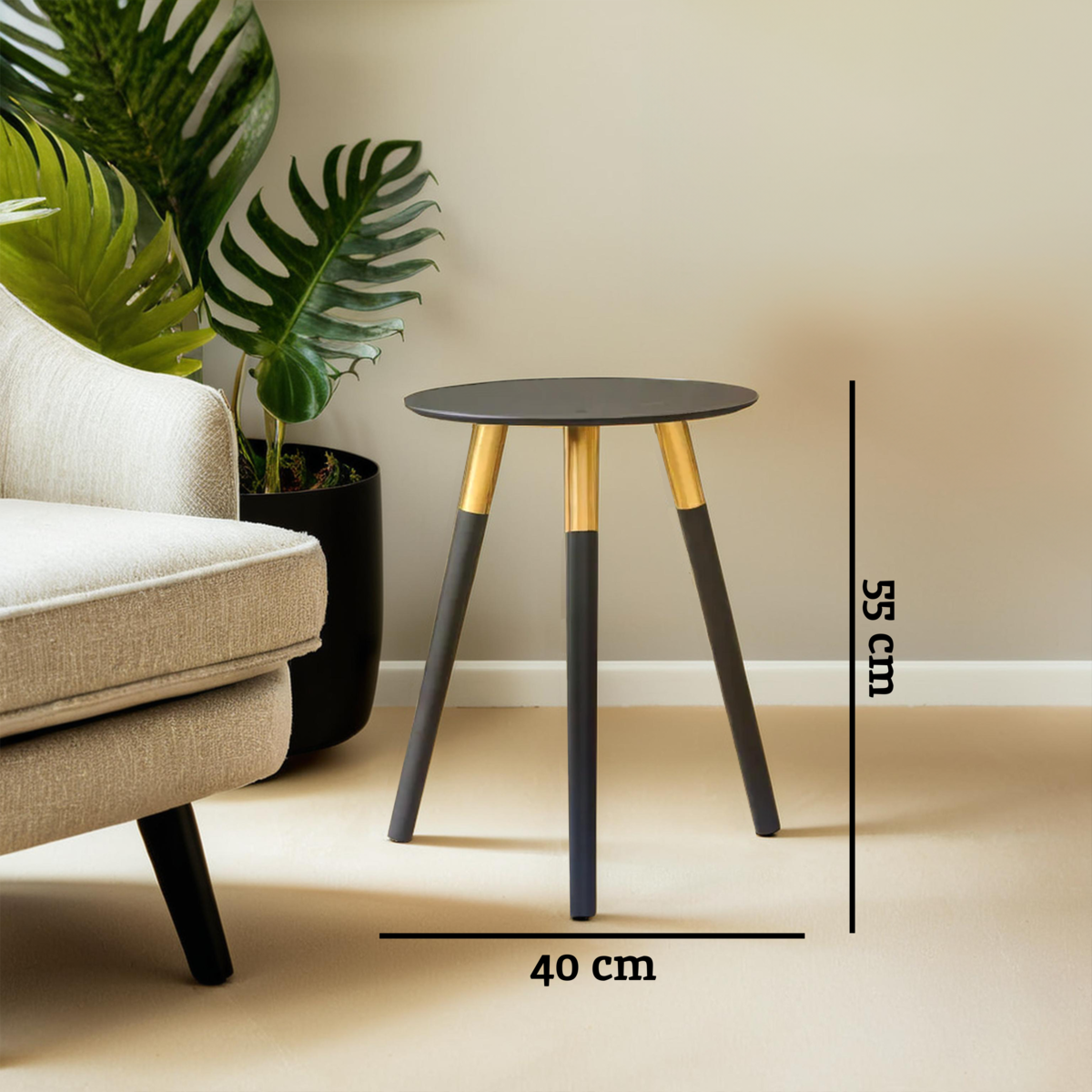 Black Oak Veneer Wooden Top Side Table With Gold Trim & Angled Legs, Nostra
