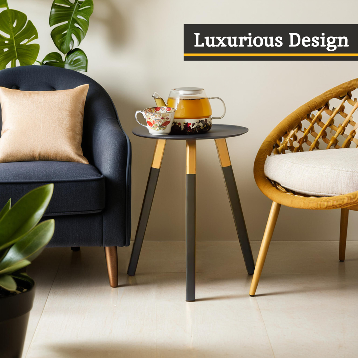 Black Oak Veneer Wooden Top Side Table With Gold Trim & Angled Legs, Nostra