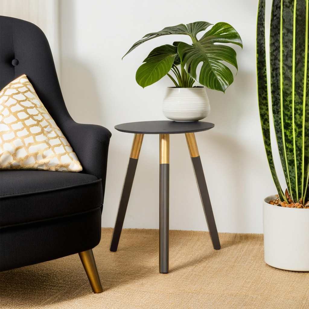 Black Oak Veneer Wooden Top Side Table With Gold Trim & Angled Legs, Nostra
