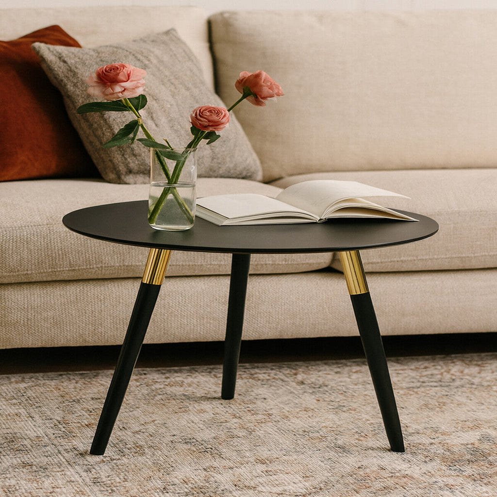 Black Oak Veneer Wooden Top Coffee Table With Gold Trim & Angled Legs, Nostra