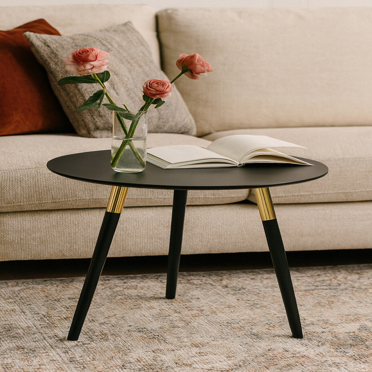 Black Oak Veneer Wooden Top Coffee Table With Gold Trim & Angled Legs, Nostra