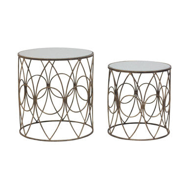 Set Of 2 Antique Frame Side Tables With Round Mirrored Top, Avantis