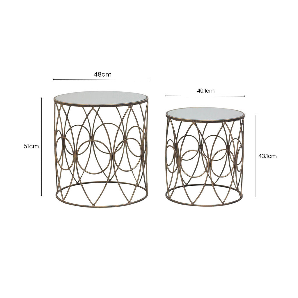 Set Of 2 Antique Frame Side Tables With Round Mirrored Top, Avantis