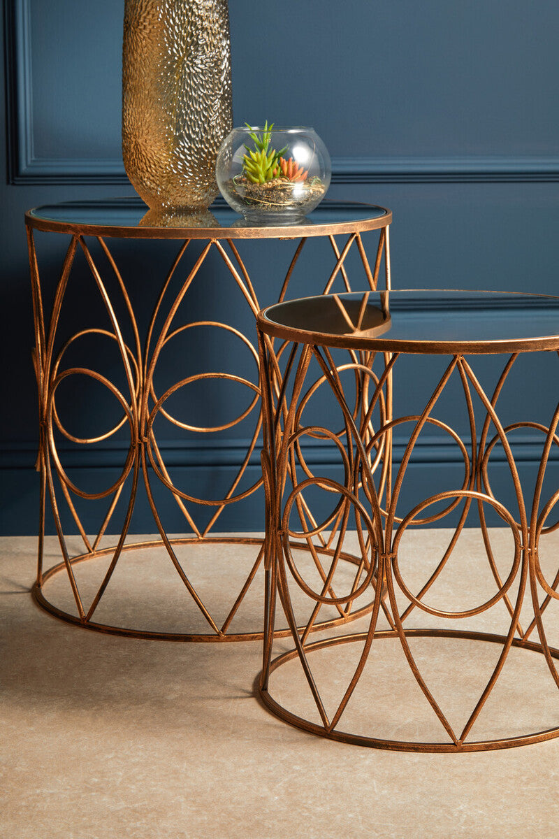 Set Of 2 Antique Frame Side Tables With Round Mirrored Top, Avantis