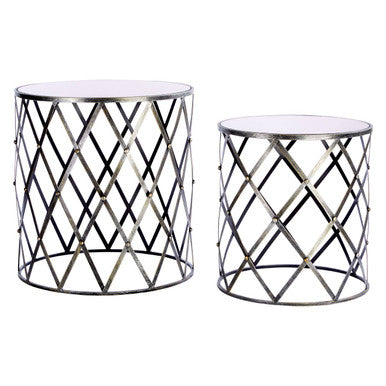 Set Of 2 Diamond Design Silver Frame Side Tables With Round Mirrored Top, Avantis