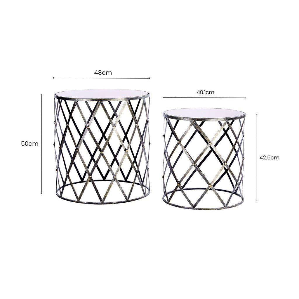 Set Of 2 Diamond Design Silver Frame Side Tables With Round Mirrored Top, Avantis