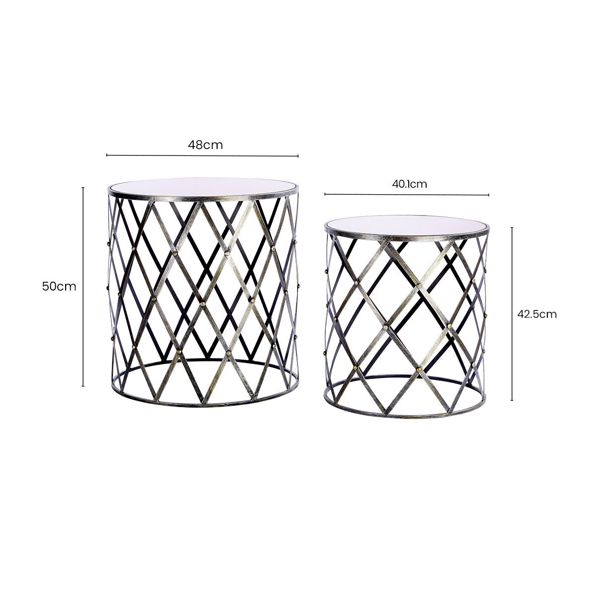Set Of 2 Diamond Design Silver Frame Side Tables With Round Mirrored Top, Avantis