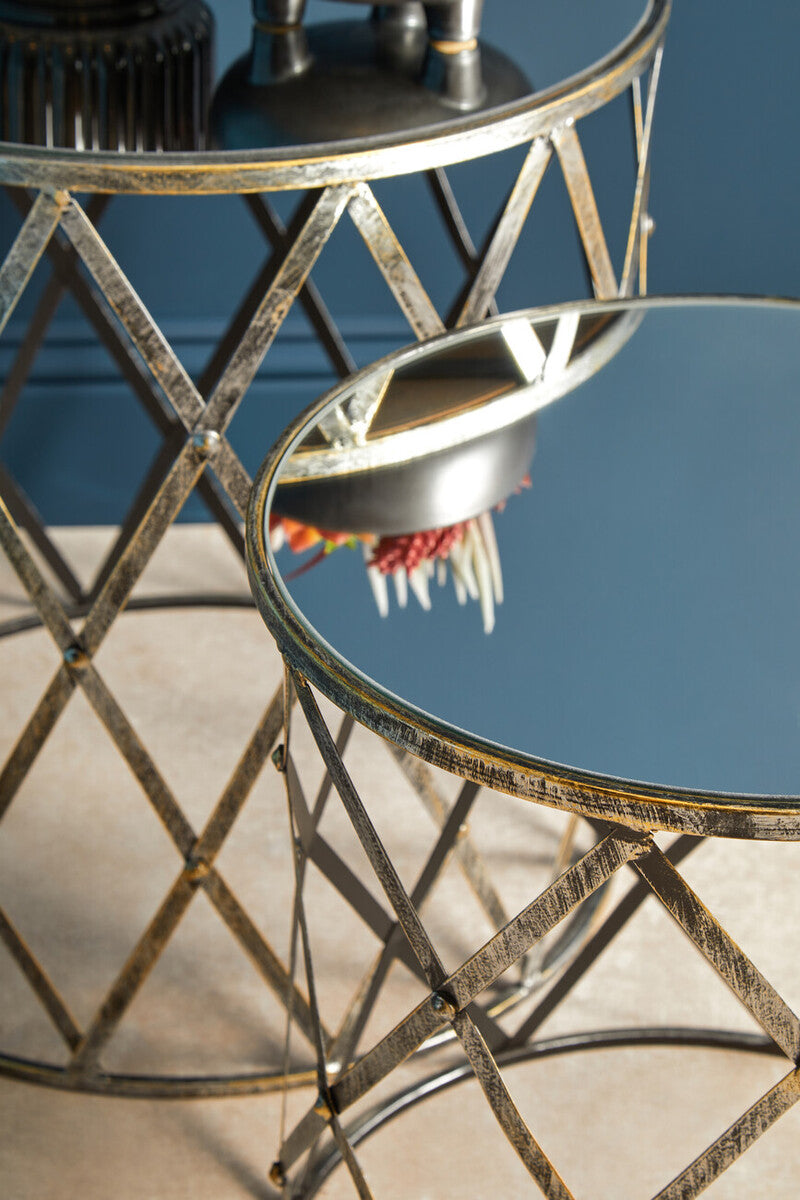 Set Of 2 Diamond Design Silver Frame Side Tables With Round Mirrored Top, Avantis