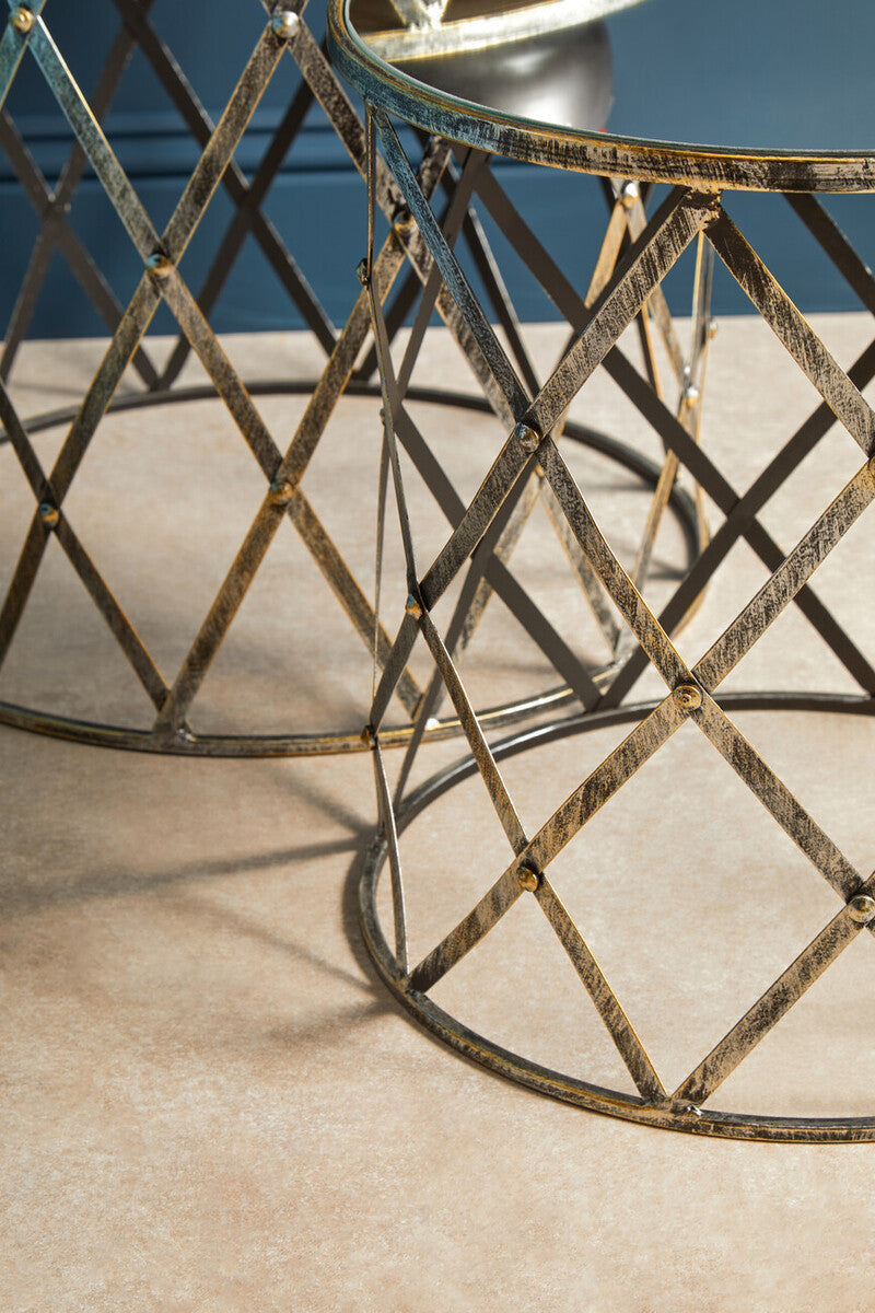 Set Of 2 Diamond Design Silver Frame Side Tables With Round Mirrored Top, Avantis