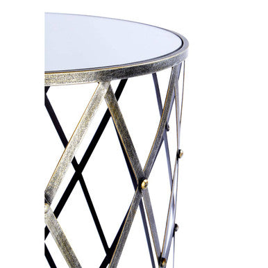 Set Of 2 Diamond Design Silver Frame Side Tables With Round Mirrored Top, Avantis