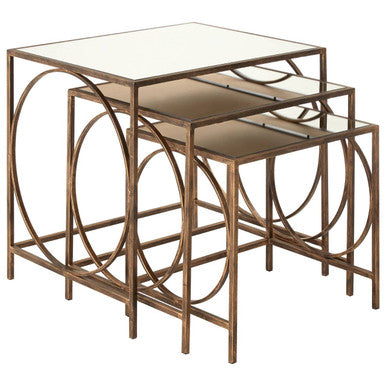 Mirrored Glass Top Nest Of 3 Tables With Bronze Metal Frame, Avantis