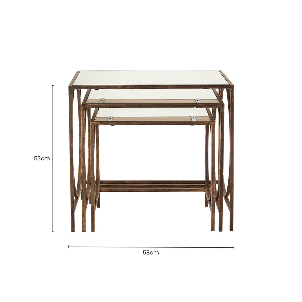 Mirrored Glass Top Nest Of 3 Tables With Bronze Metal Frame, Avantis