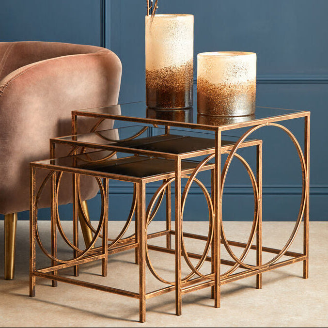Mirrored Glass Top Nest Of 3 Tables With Bronze Metal Frame, Avantis