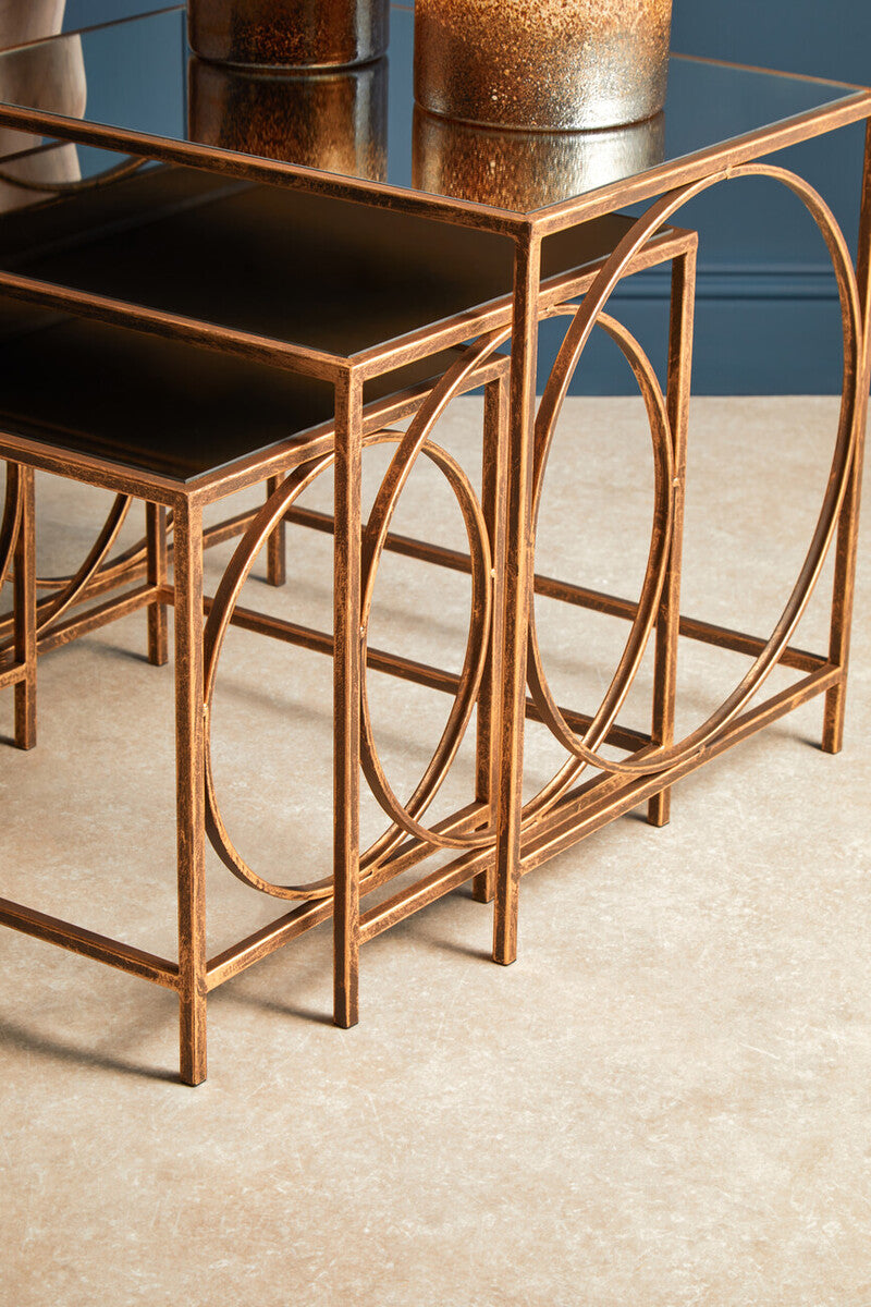 Mirrored Glass Top Nest Of 3 Tables With Bronze Metal Frame, Avantis