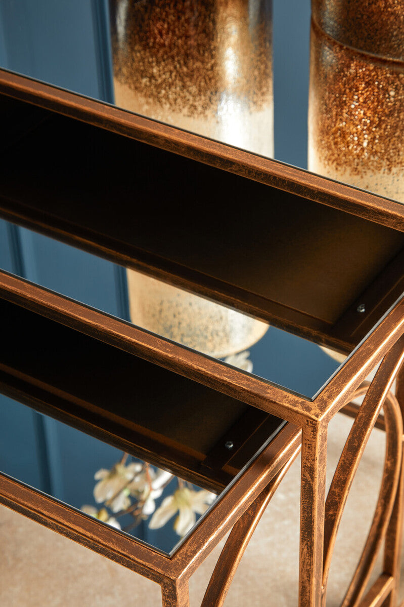 Mirrored Glass Top Nest Of 3 Tables With Bronze Metal Frame, Avantis